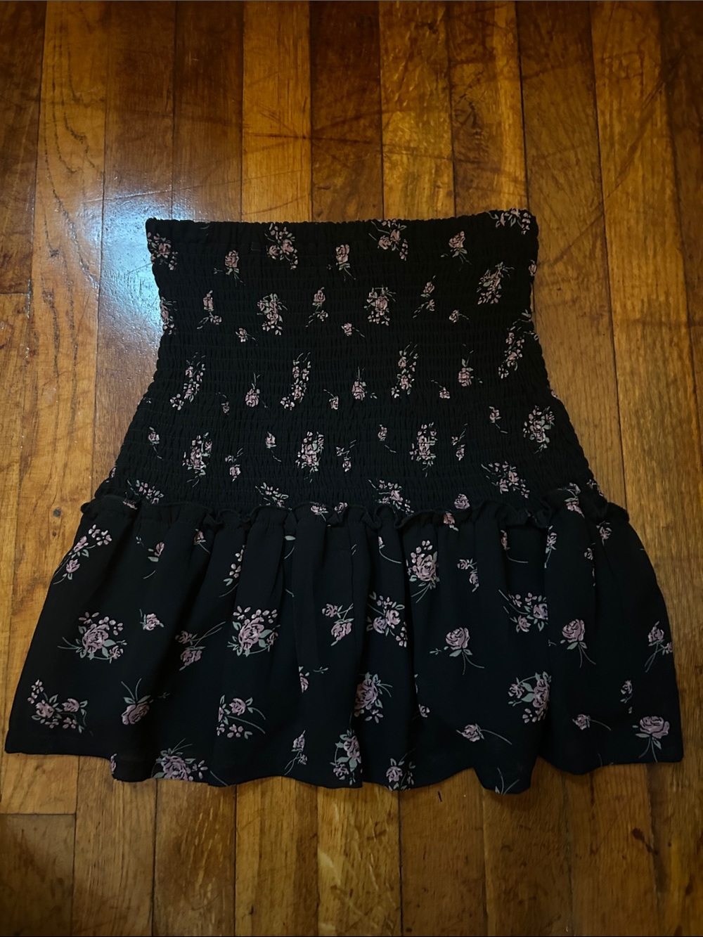 Streetwear Society Black Smocked Floral Tube Top with Pink Roses